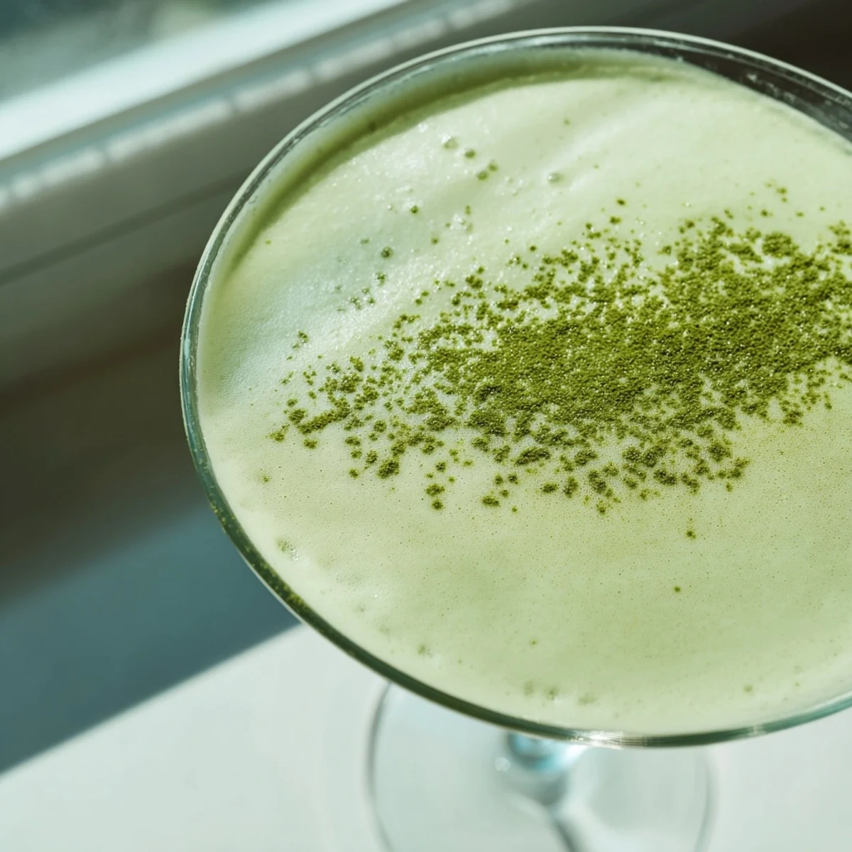 A frothy Matcha Martini cocktail in a chilled glass, topped with a delicate dusting of green matcha powder.  
