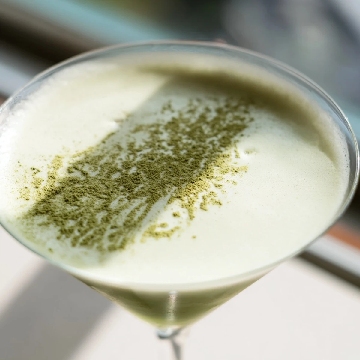A creamy Matcha Martini beside a small bowl of white chocolate shavings garnish, ready to serve.  