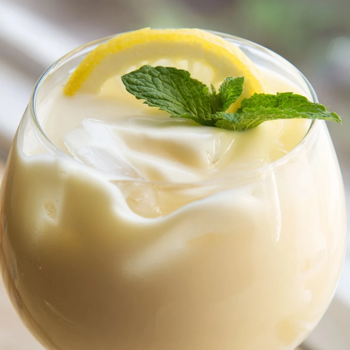 Close-up of creamy lemonade in a mason jar, showing a velvety texture with ice and mint.