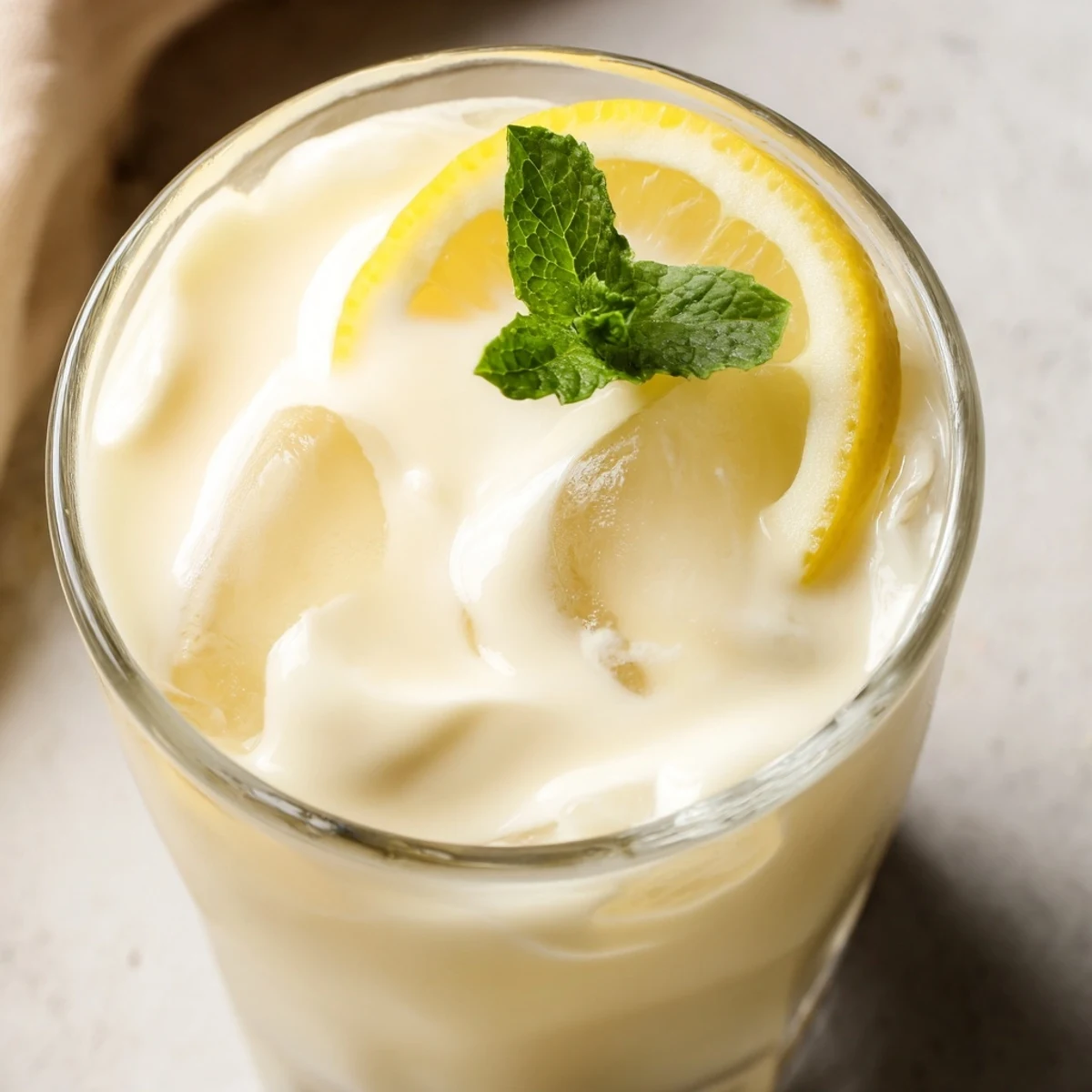 A chilled glass of creamy lemonade garnished with lemon wheels and mint, ready to sip.