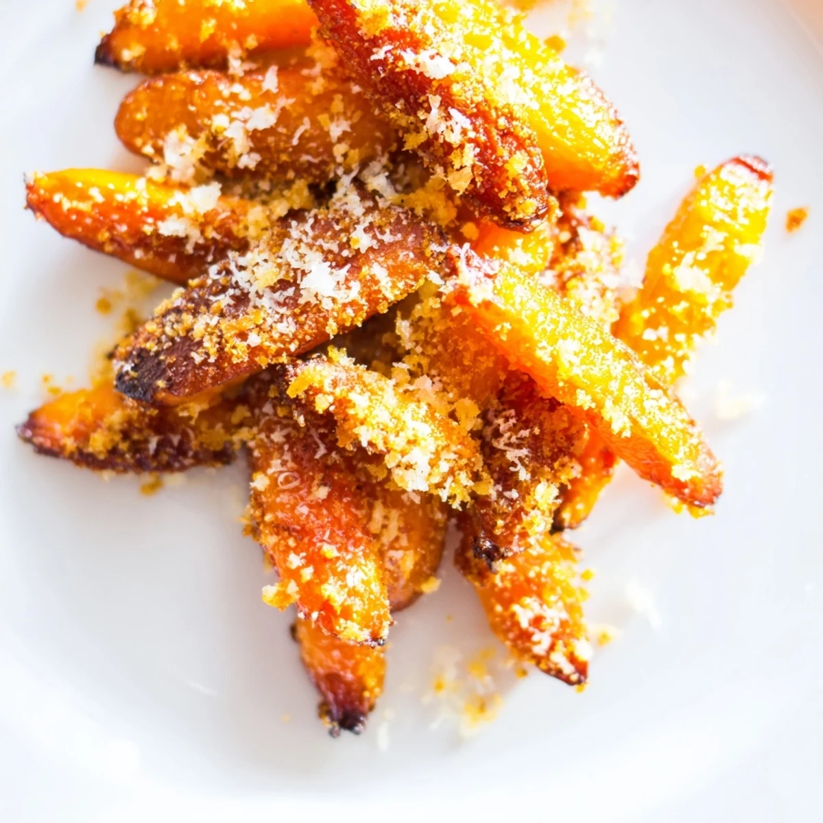 Golden roasted Parmesan baby carrot chips, caramelized with honey, offer a sweet-savory crunch in a vibrant, appetizing side dish.