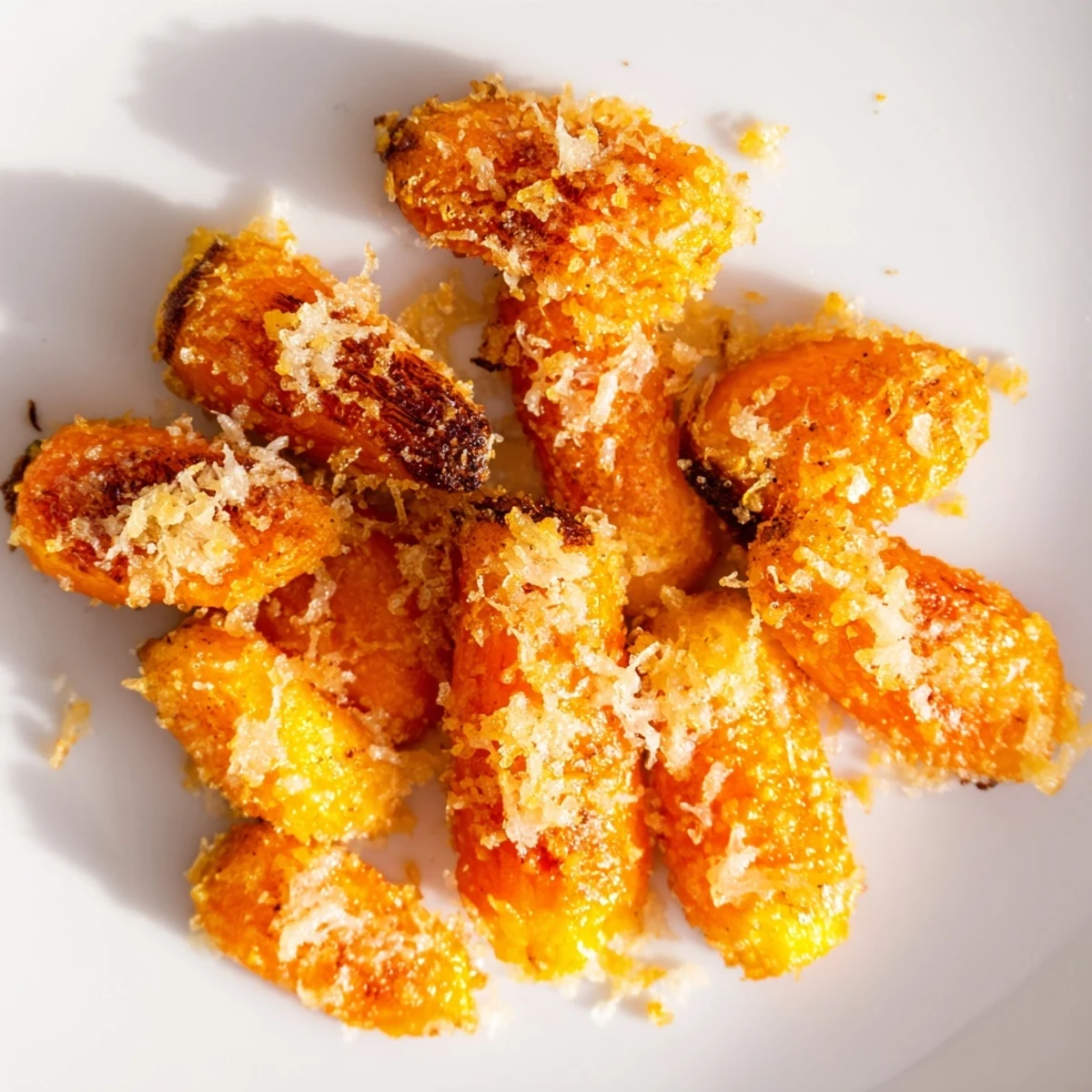 Parmesan baby carrot chips, roasted to a golden brown, served warm on a platter, showcasing their caramelized, sweet-savory glaze.