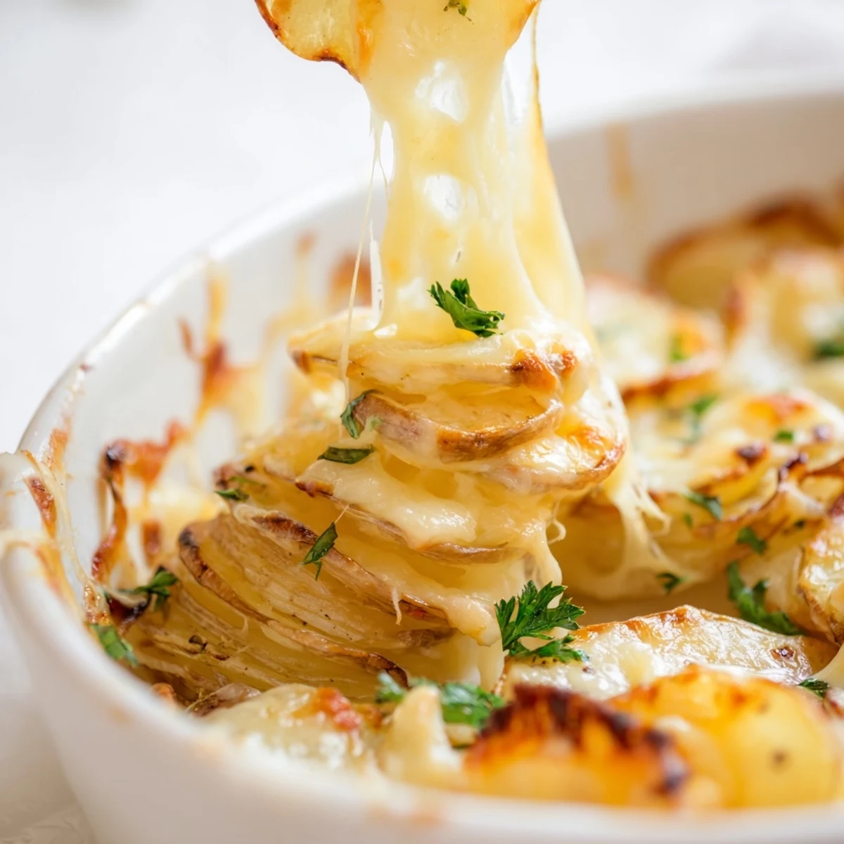 In a baking dish, French Onion Soup Potatoes are baked to bubbling perfection, with melted Gruyère and deep brown onions over golden potatoes.
