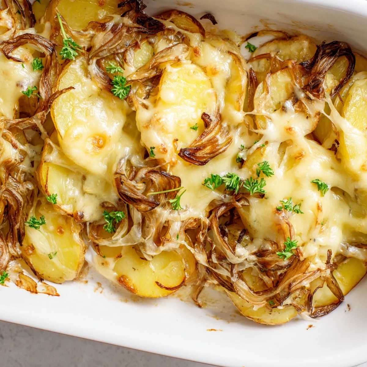 Serving suggestion for French Onion Soup Potatoes: a warm, comforting side dish with melted cheese and caramelized onions, garnished with fresh parsley.