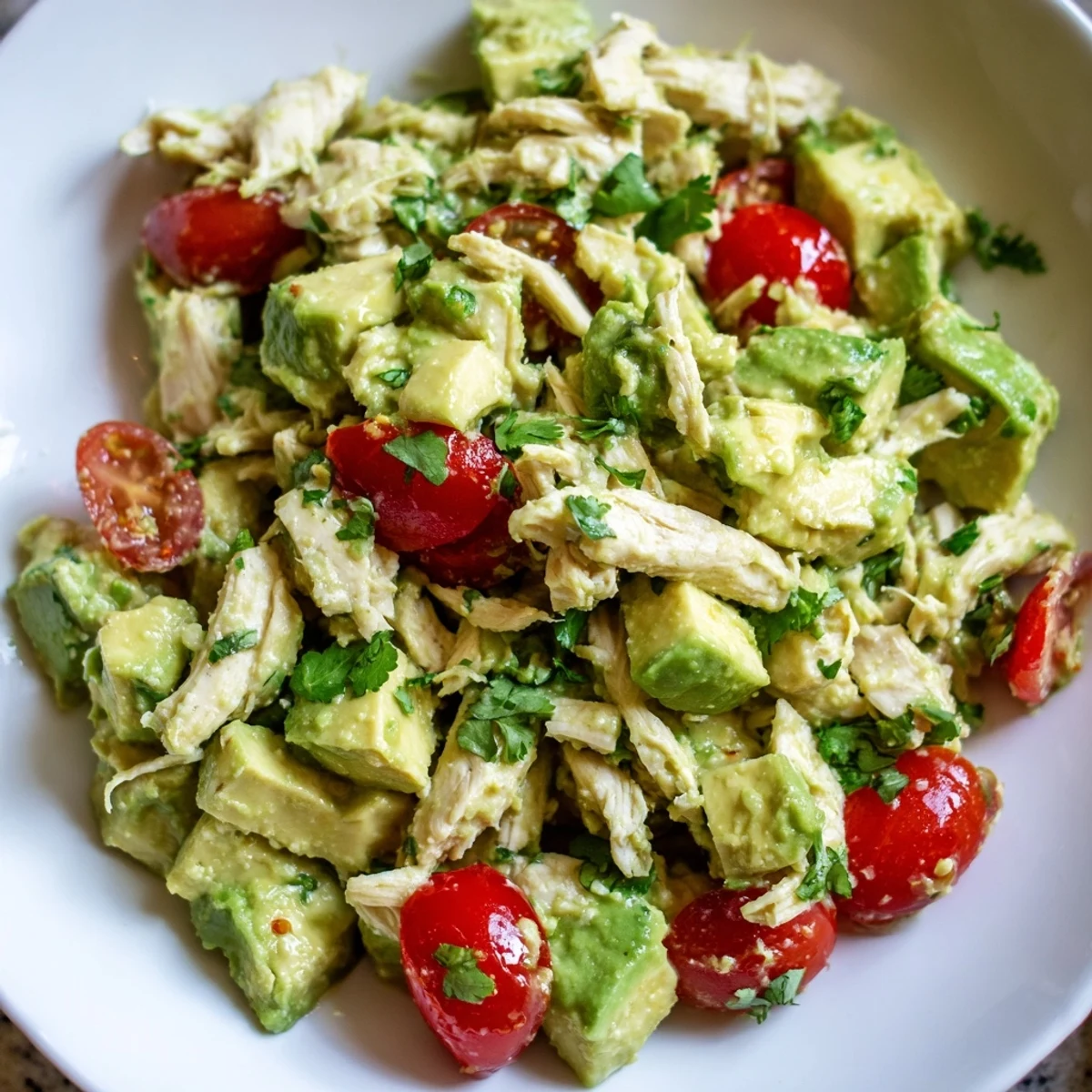 A vibrant bowl of Avocado Chicken Salad with diced chicken, creamy avocado, and fresh cherry tomatoes.  