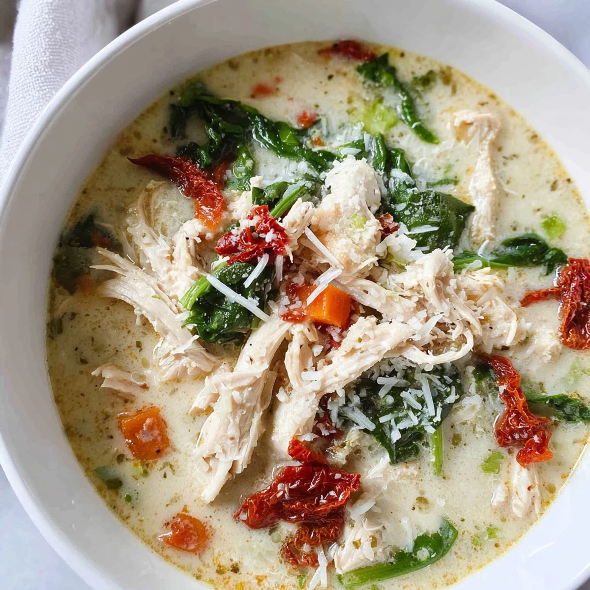 Creamy Tuscan Chicken Soup steaming in a rustic bowl, garnished with fresh spinach and grated Parmesan, served with crusty bread.