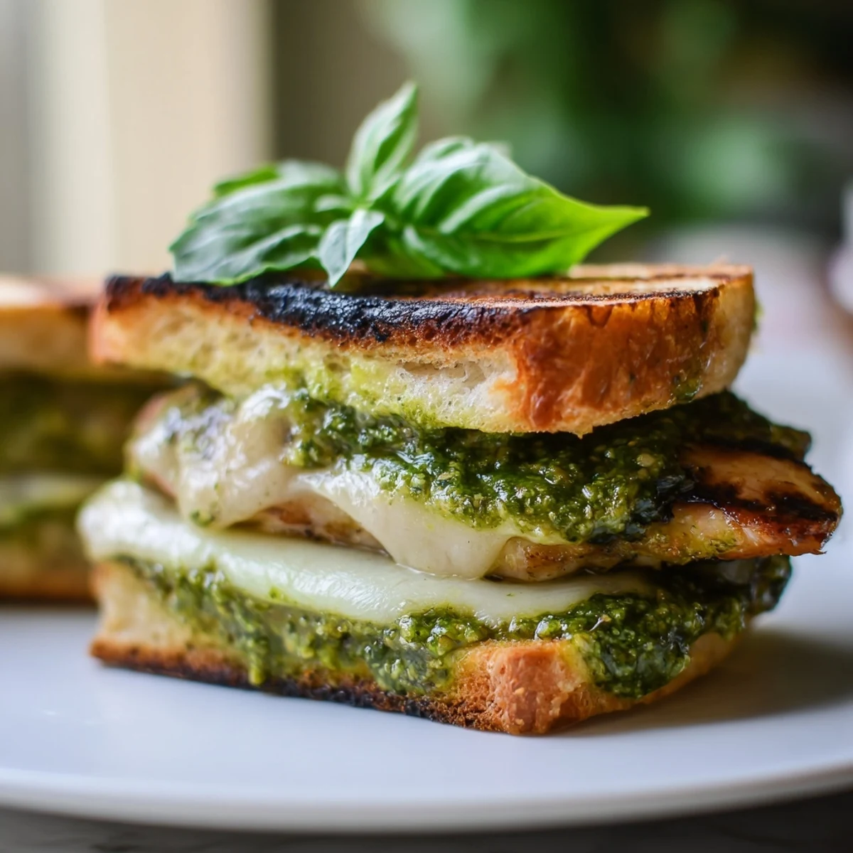 Grilled Pesto Chicken Melt on toasted ciabatta with melted mozzarella and fresh basil.