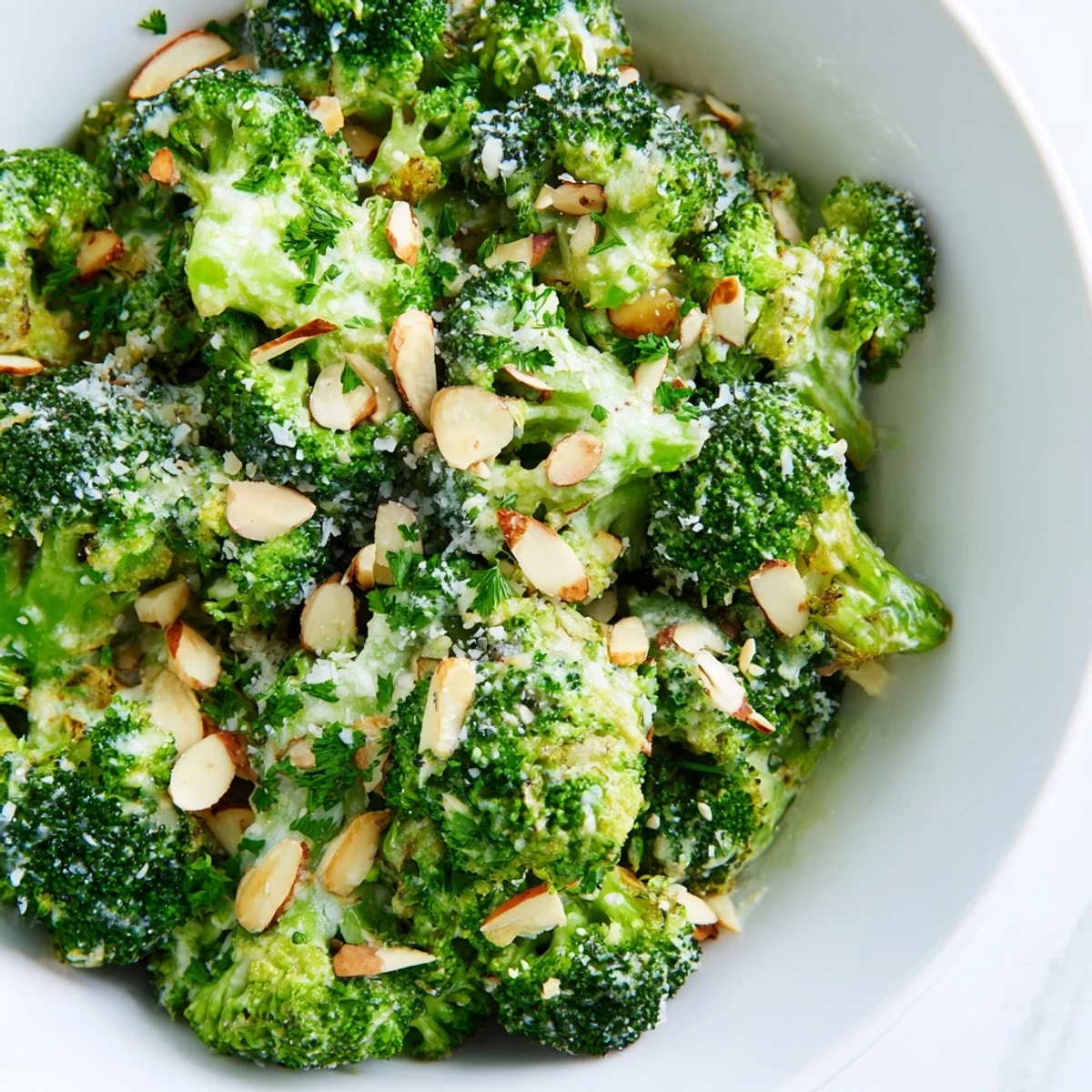 Fresh broccoli florets tossed in creamy garlic Parmesan dressing, garnished with toasted almonds, red onion, and cherry tomatoes for a bright side dish.  