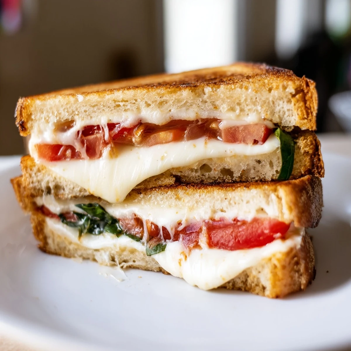 Crispy golden Tomato Basil Grilled Cheese sandwich on sourdough, featuring ripe tomato, melted mozzarella, and fresh basil.