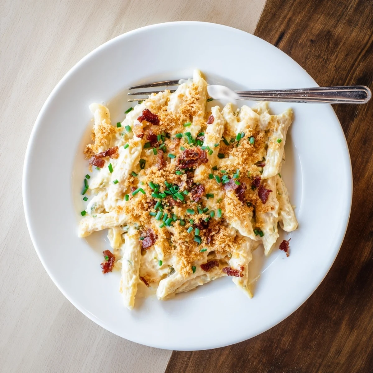 A bowl of hearty Jalapeño Popper Pasta garnished with toasted panko, offering a spicy yet comforting main dish.