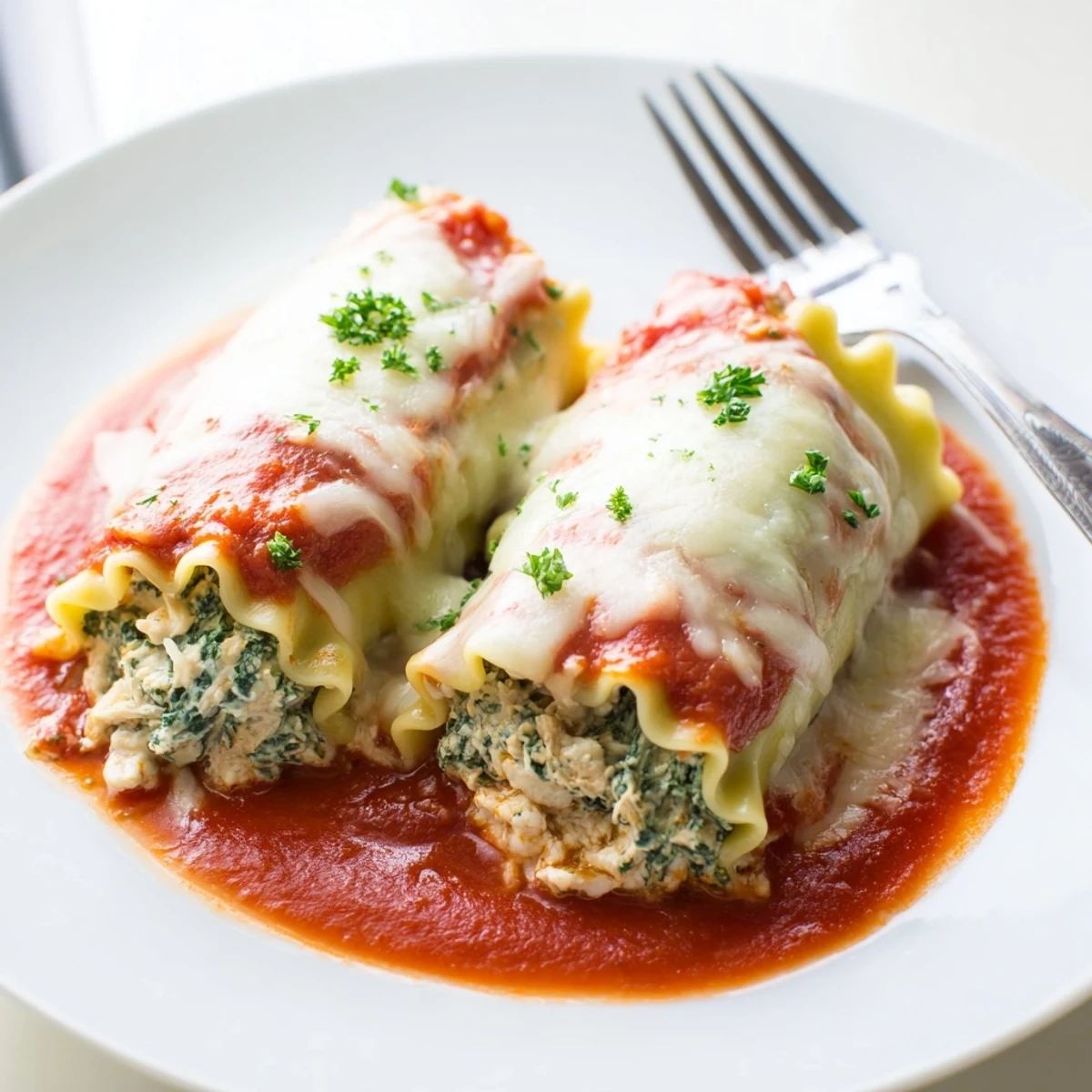 Golden-brown Chicken and Spinach Lasagna Rolls baked in marinara sauce, with melted mozzarella and Parmesan bubbling on top.