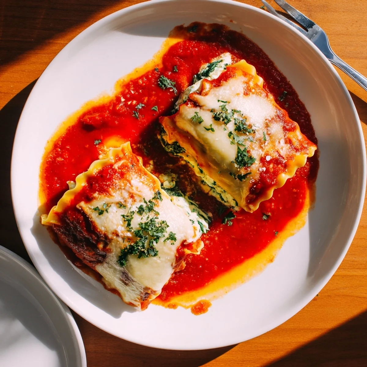 Homemade Chicken and Spinach Lasagna Rolls served on a white plate, garnished with parsley and ready to enjoy.