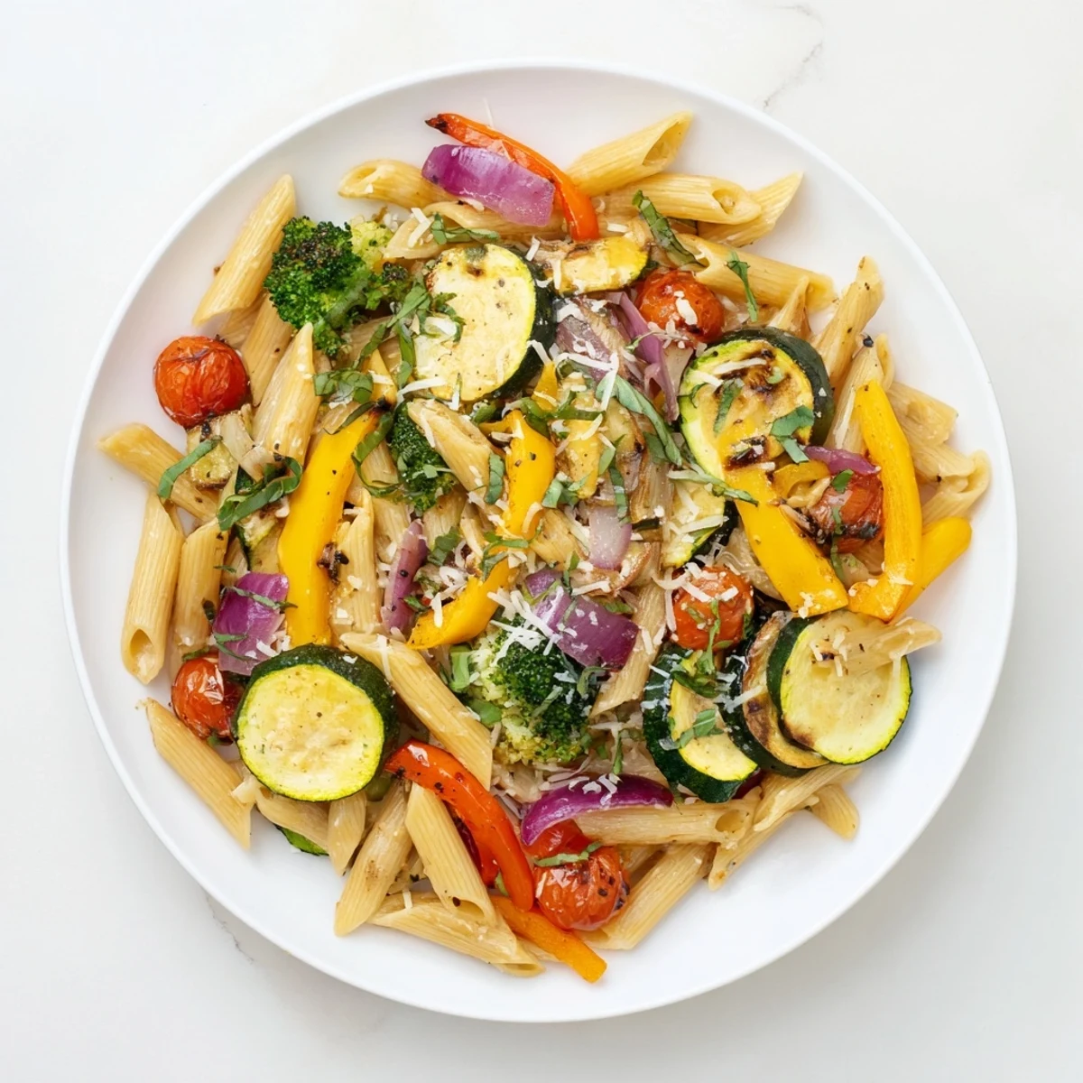 Vibrant roasted zucchini, bell peppers, and broccoli tossed with penne pasta, garlic, and olive oil in this Pasta Primavera.