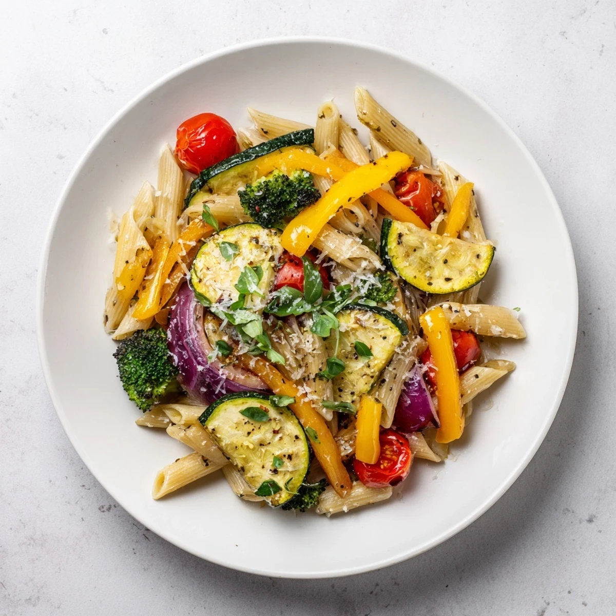 Aromatic olive oil, garlic, and seasonal vegetables highlight this vegetarian Pasta Primavera, perfect with a squeeze of lemon.