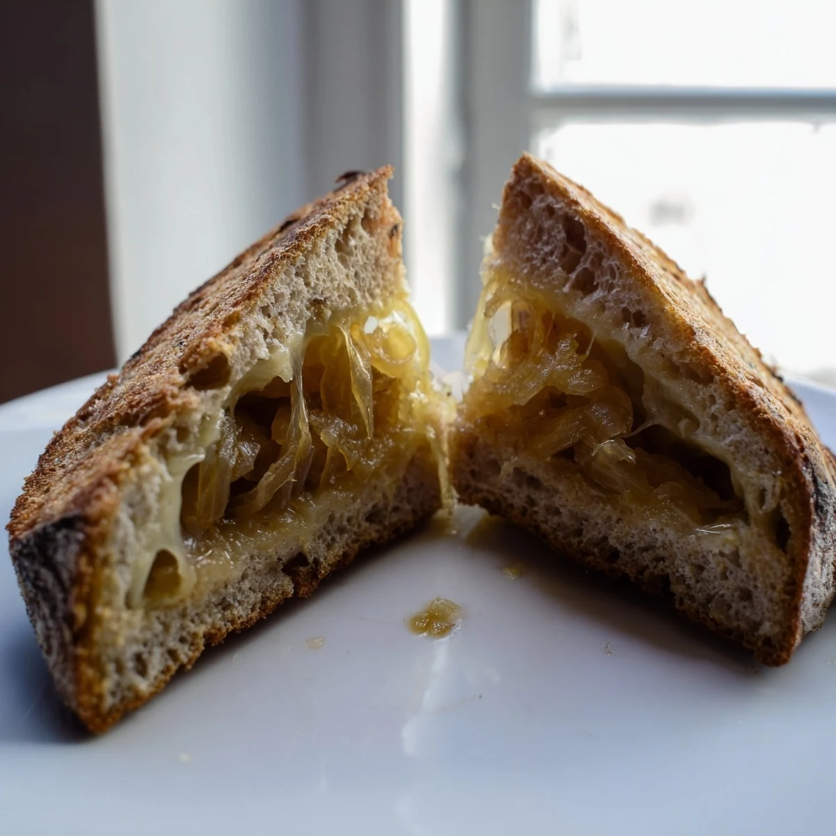 A close-up of a Caramelized Onion & Gruyère Grilled Cheese slice, revealing sweet onion layers and nutty melted cheese.