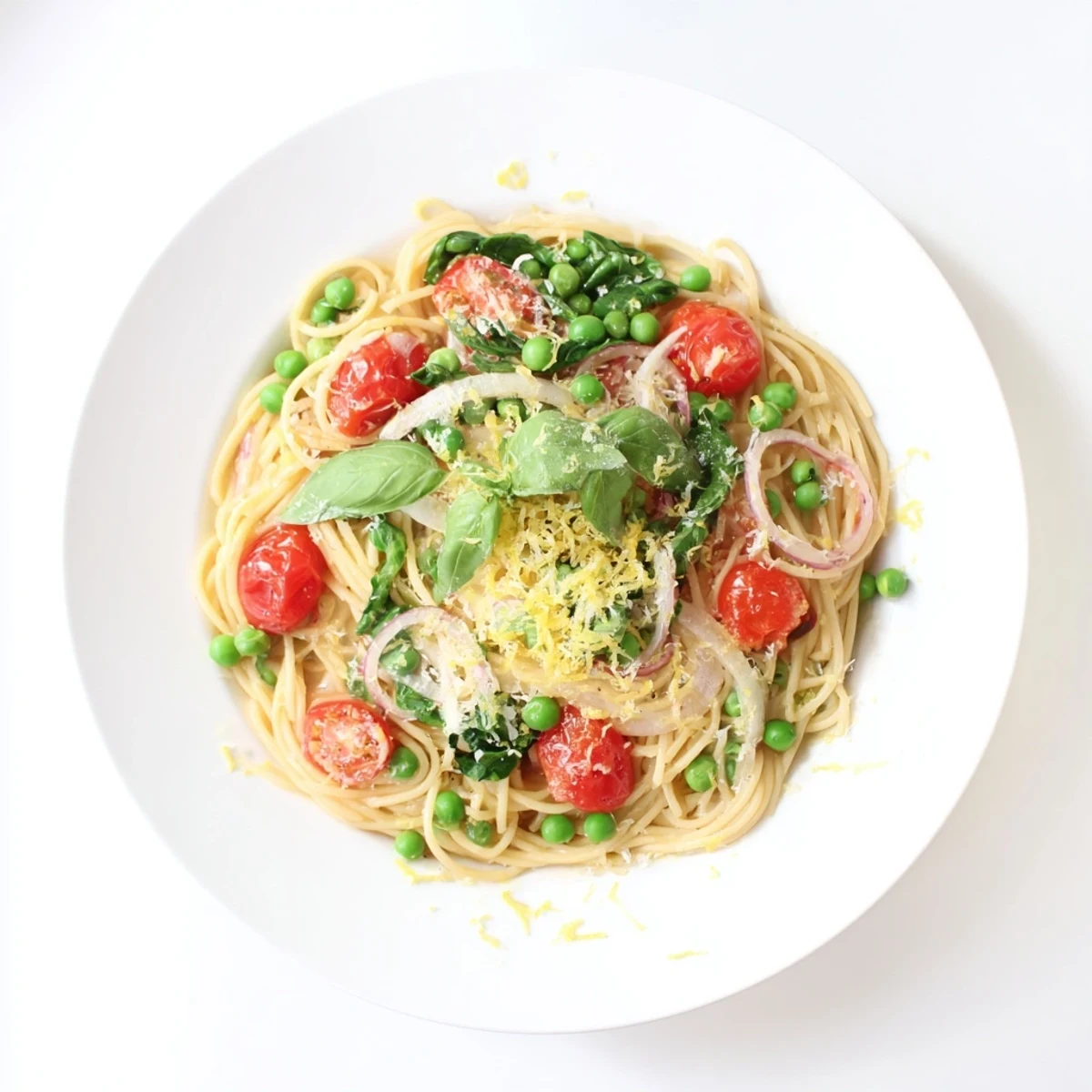 Bright green peas and wilted spinach mingle with al dente spaghetti and bright cherry tomatoes in this Spring Veggie One-Pot Spaghetti.