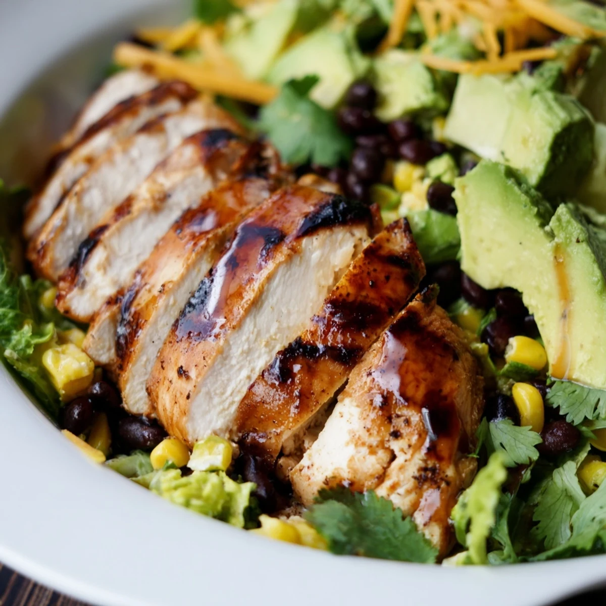 Zesty Honey Lime Chicken Taco Salad topped with tortilla strips, shredded cheese, and fresh cilantro on a light background.  