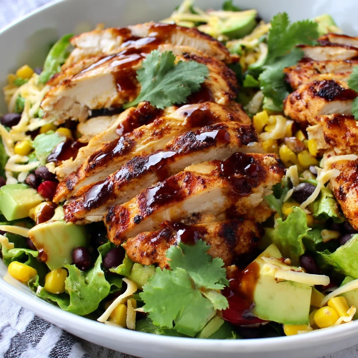 Juicy grilled honey lime chicken slices fanned over a crisp romaine salad with corn, black beans, and avocado.  