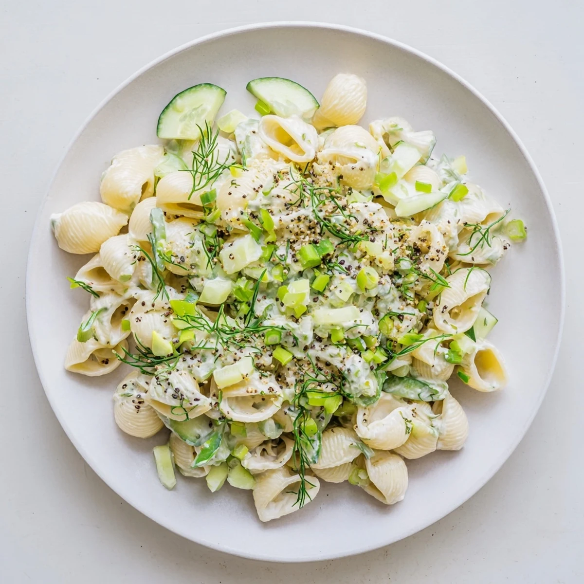 A serving of Cucumber Crunch Pasta Salad garnished with dill and everything bagel seasoning, ideal for backyard gatherings or potlucks.