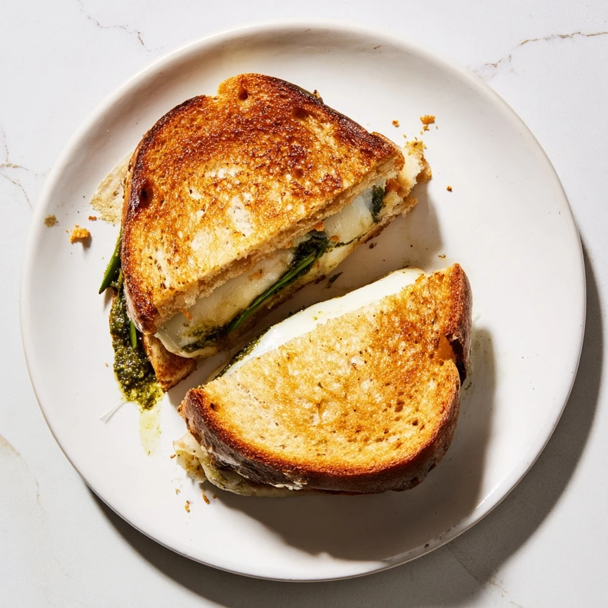 Golden, crispy slices of Sourdough Pesto Grilled Cheese, with melted cheese and vibrant pesto oozing out of the edges.
