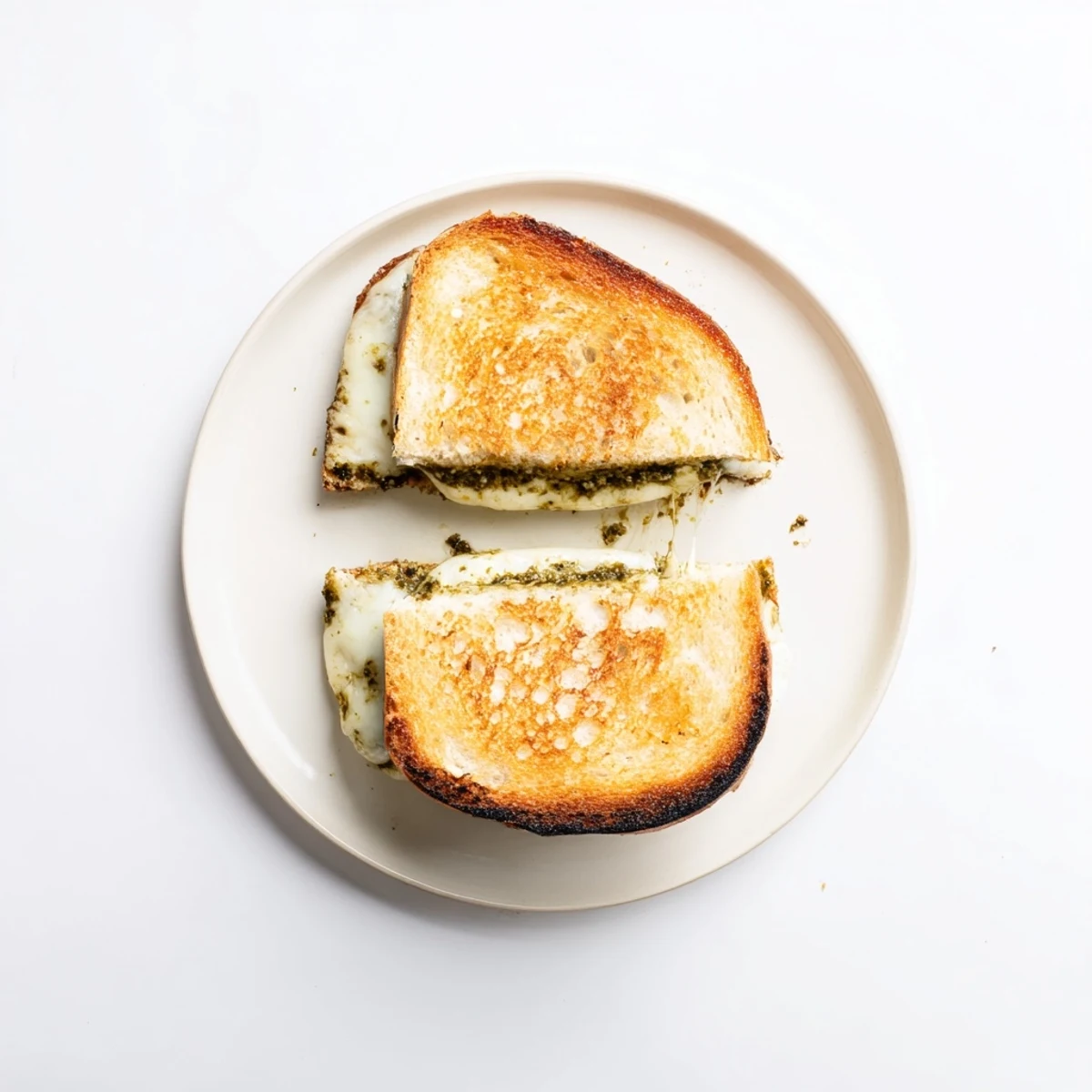 A delicious Sourdough Pesto Grilled Cheese served on a wooden board, perfect for a comforting and hearty lunch.