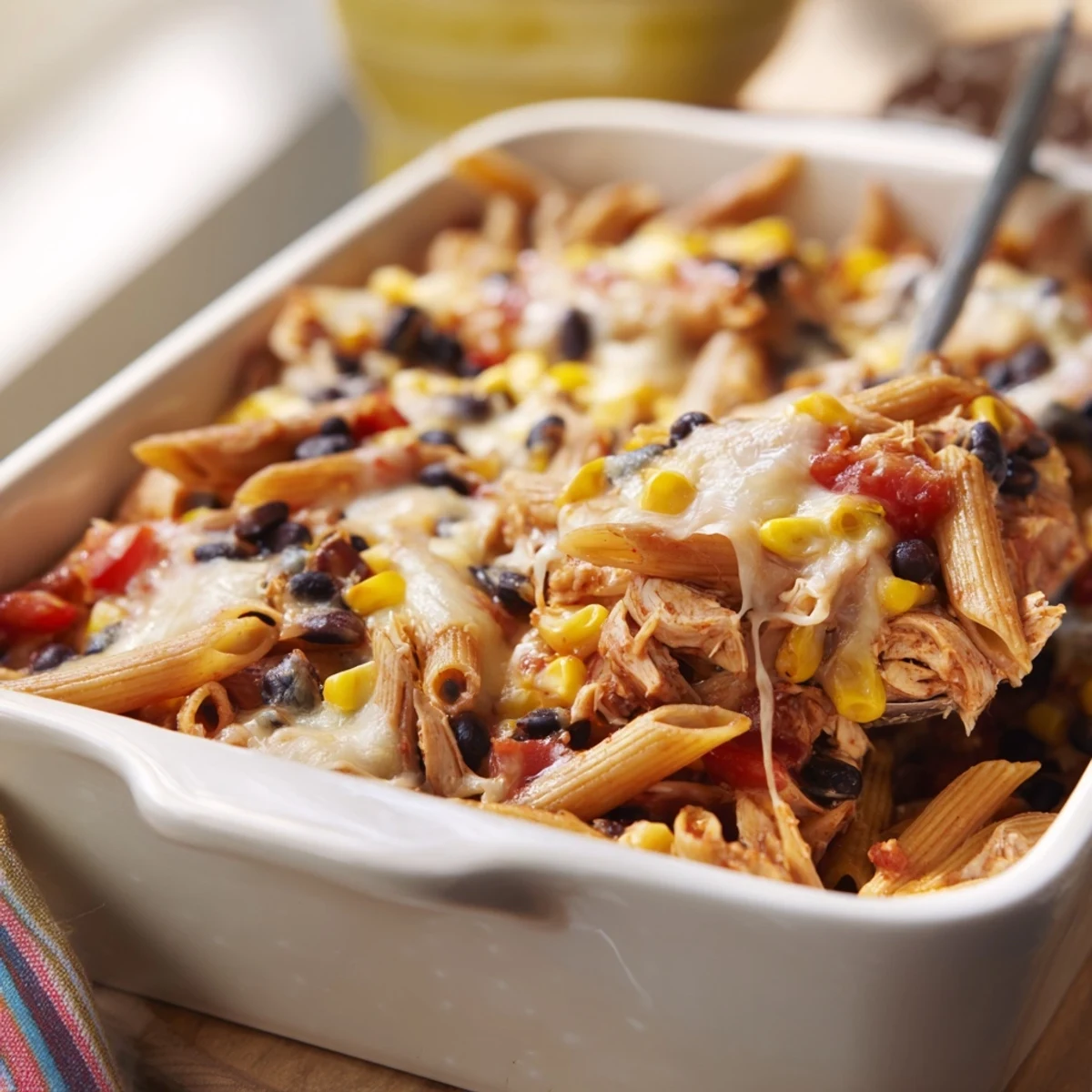 Golden baked Chicken Burrito Pasta emerges from the oven, topped with melted cheddar, cilantro, and jalapeños on a 9x13 dish.
