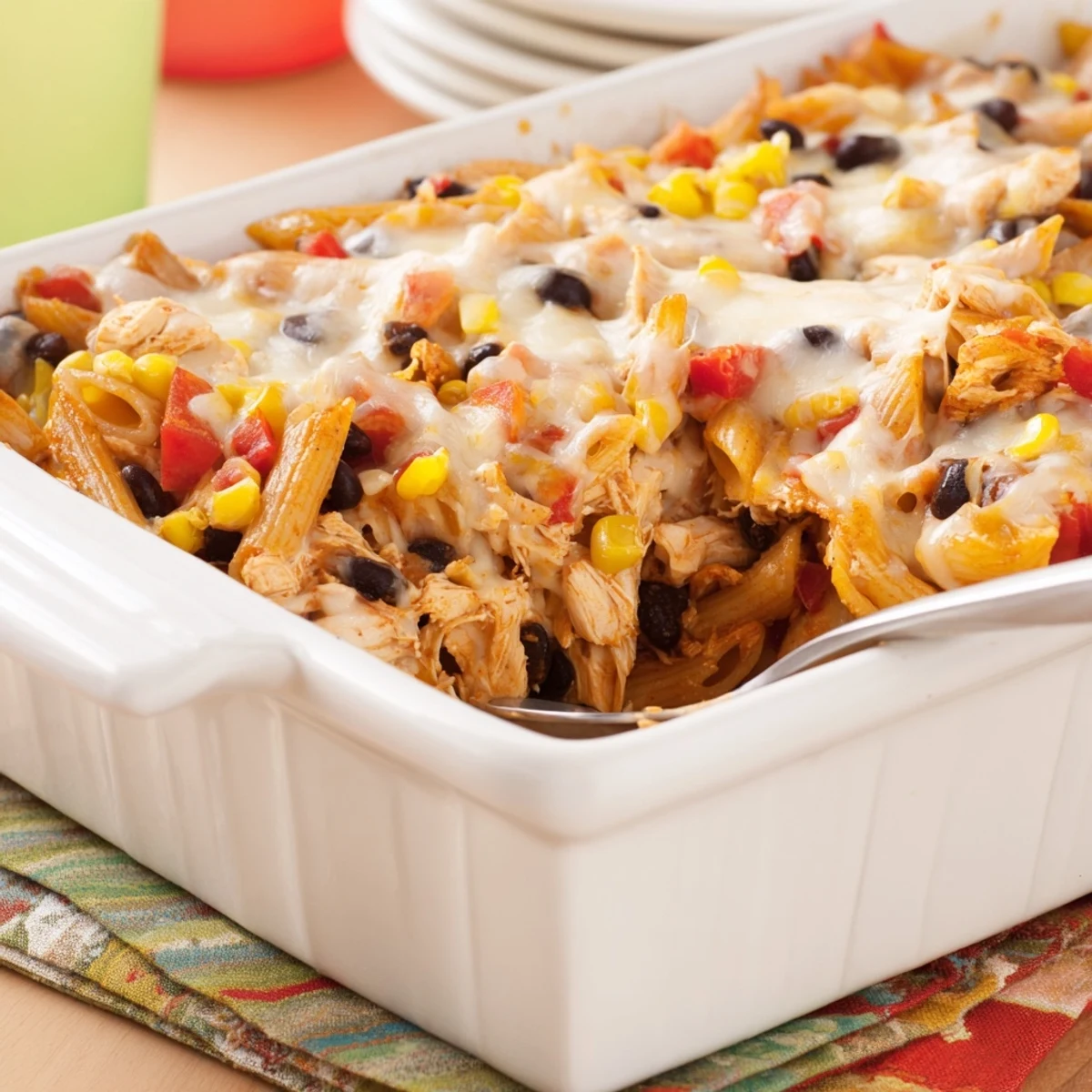Steam rises from the savory Chicken Burrito Pasta Bake, revealing tender chicken, black beans, and corn blended in a Tex-Mex casserole.
