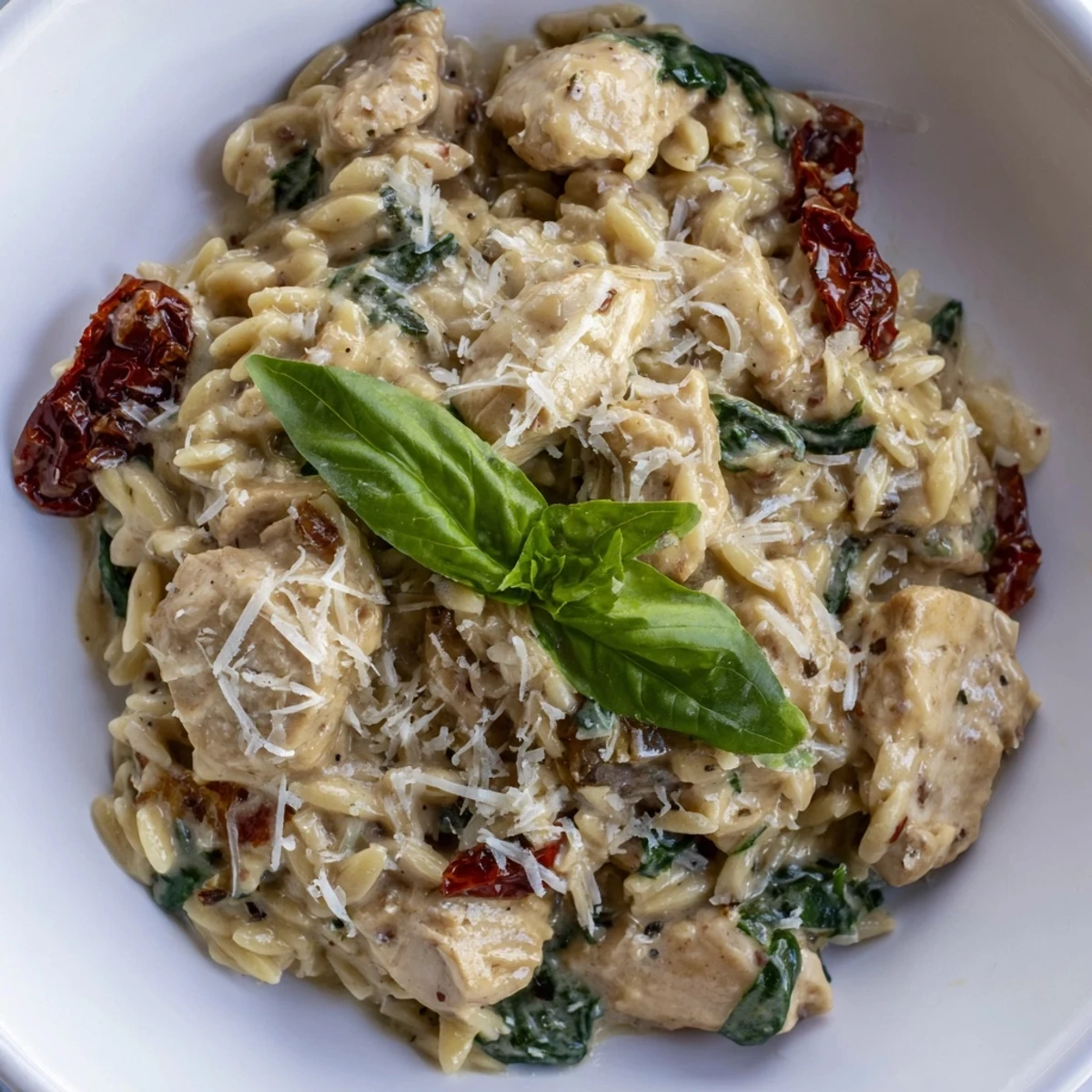 Golden-brown Tuscan Chicken Orzo simmering in a creamy sauce with sun-dried tomatoes and fresh spinach.