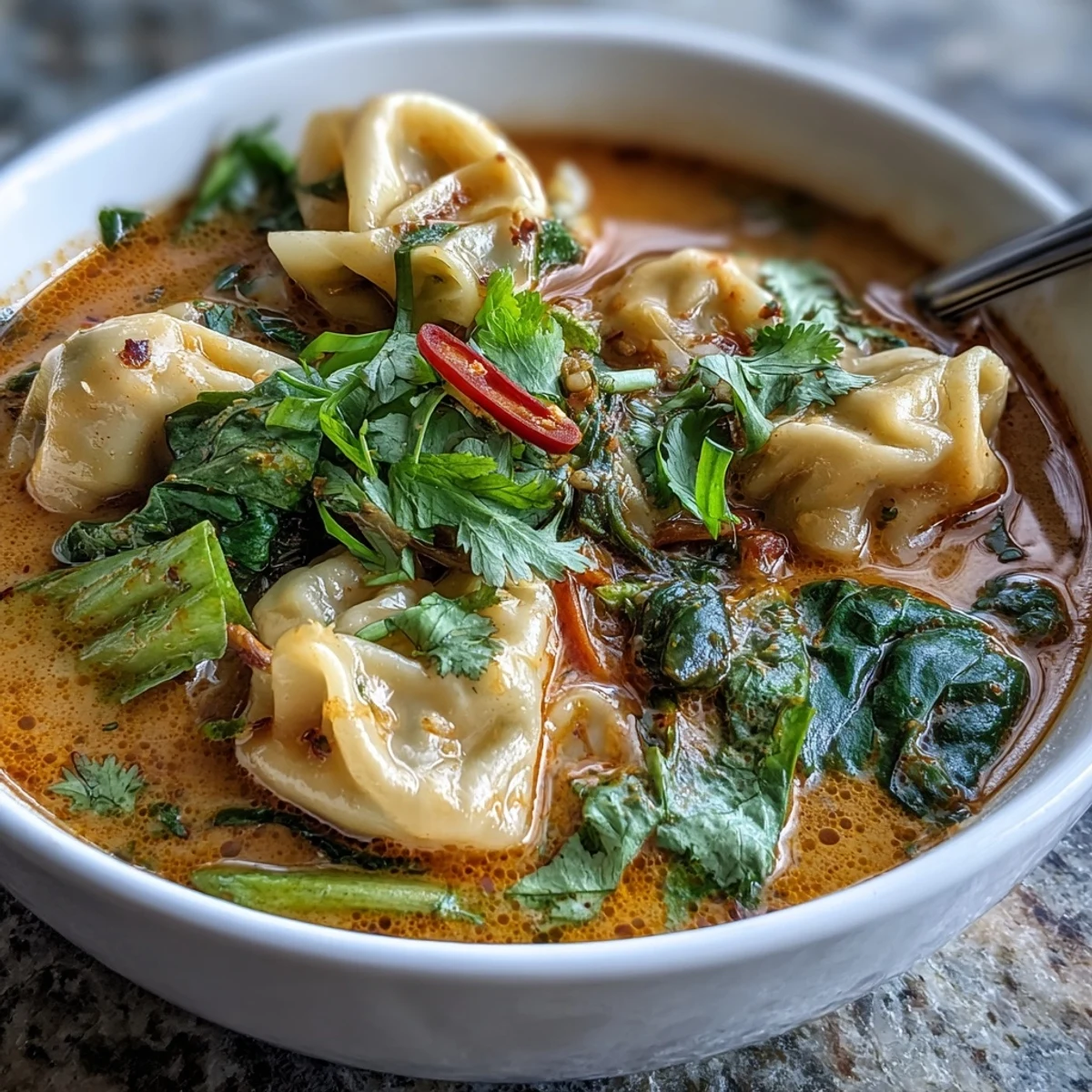 A steaming bowl of Red Curry Wonton Soup with Greens, featuring tender wontons and wilted spinach in a fragrant, creamy broth.