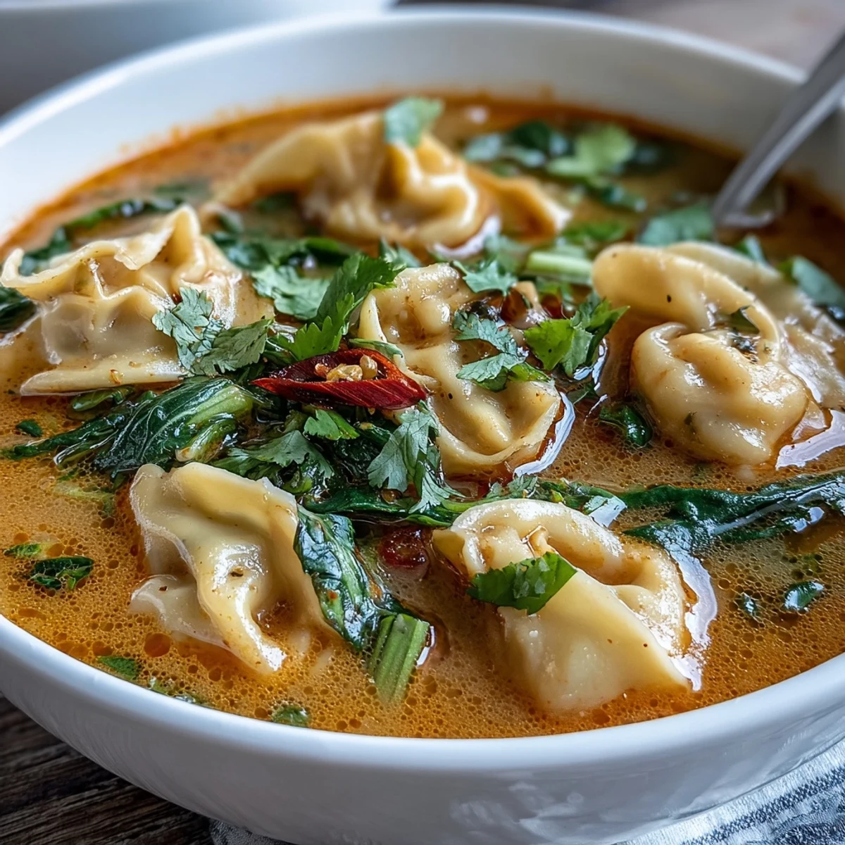 Close-up of Red Curry Wonton Soup with Greens, garnished with scallions and cilantro, ready to serve with lime wedges.