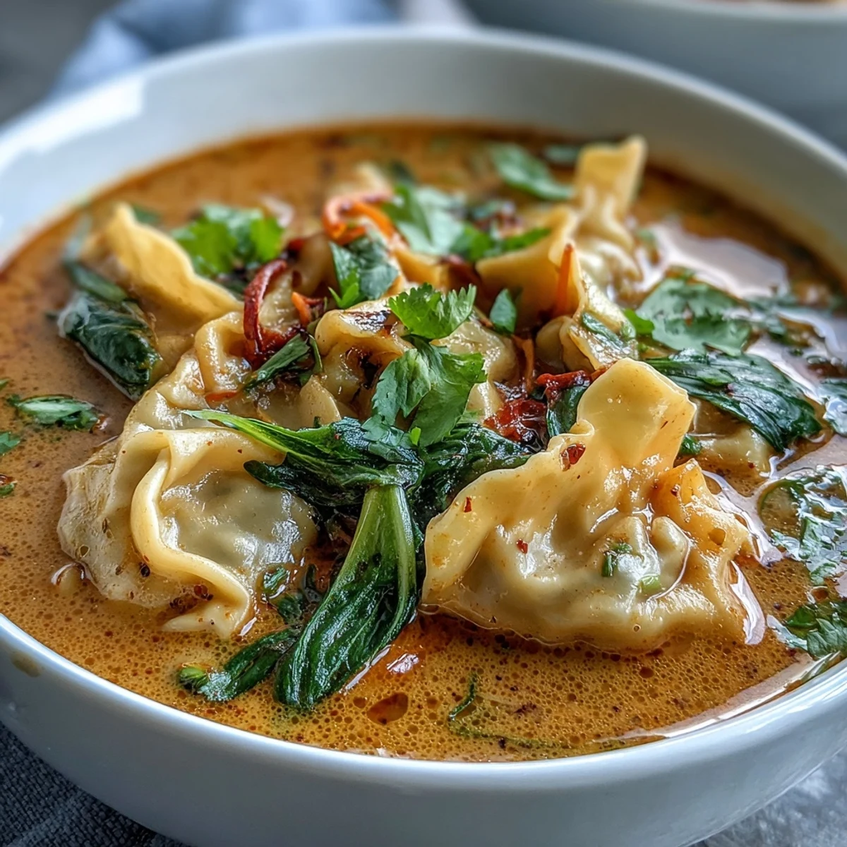 Red Curry Wonton Soup with Greens in a rustic bowl, showcasing colorful carrots and bok choy in aromatic curry broth.