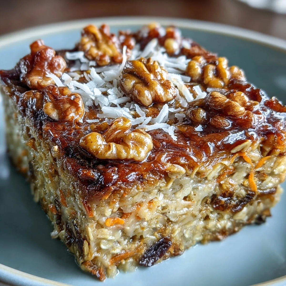 Golden baked carrot cake oatmeal with warm spices and tender carrots.