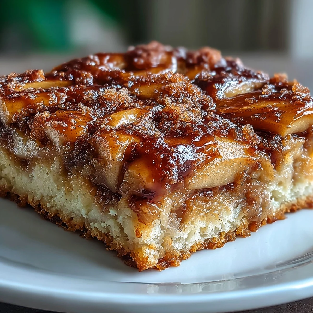 Golden baked apple cake with cinnamon sugar topping, perfect warm for breakfast.
