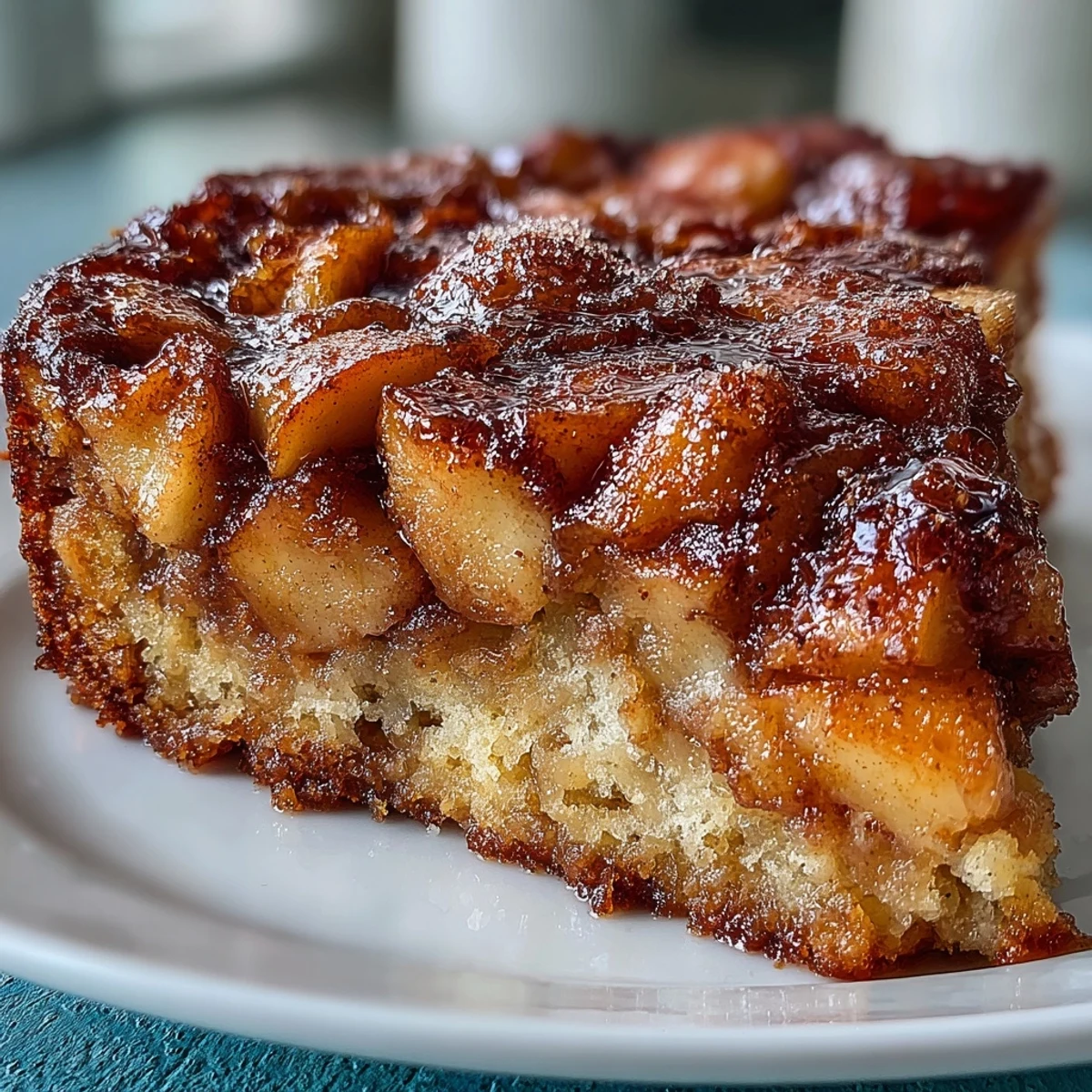 Tender apples baked into a cozy casserole-style cake, smelling of cinnamon.