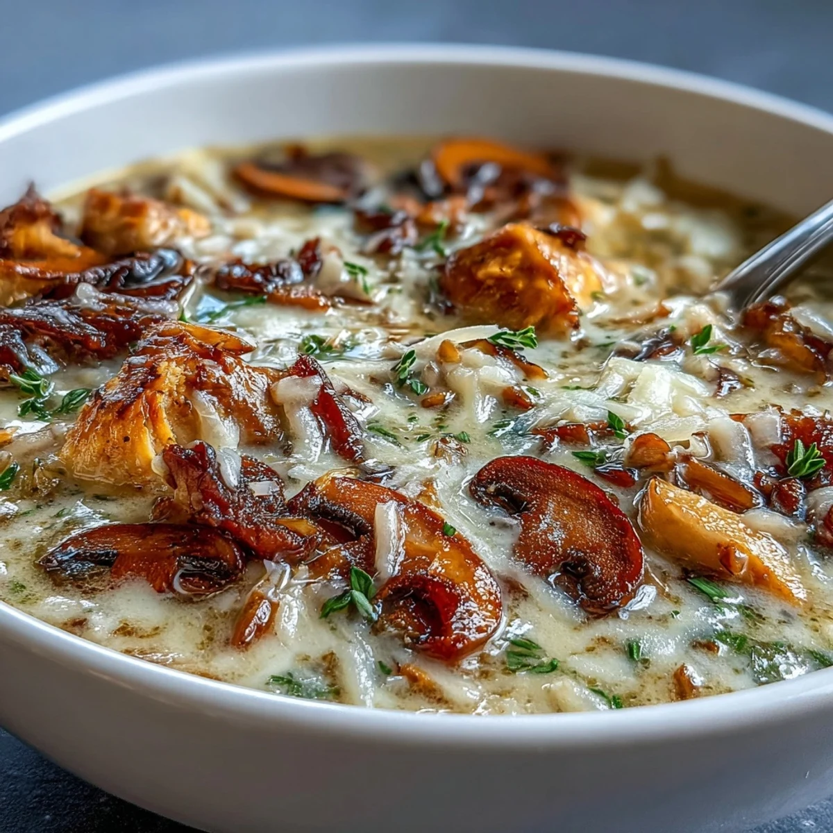 Creamy Parmesan Mushroom Chicken and Wild Rice Soup, steaming hot in a bowl.