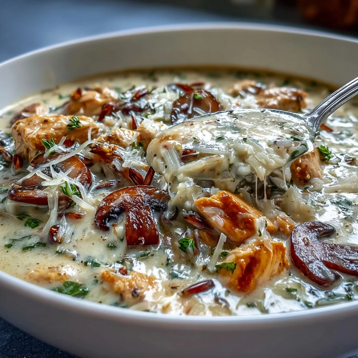 Golden-brown Parmesan Mushroom Chicken and Wild Rice Soup, ready for a cozy dinner.