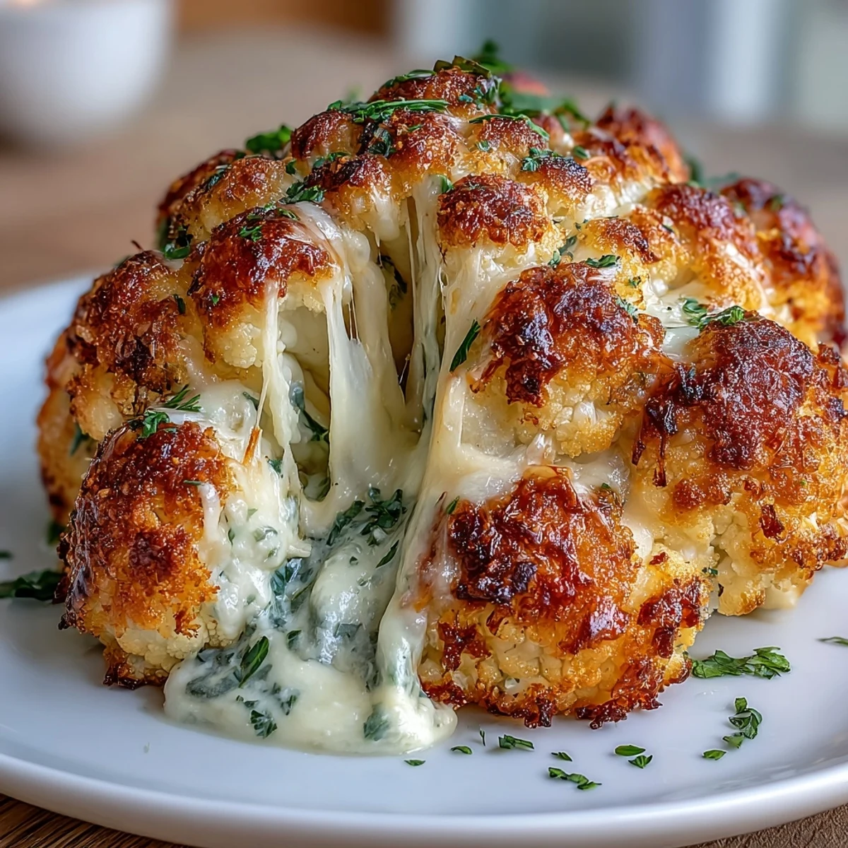 A whole roasted Cheesy Stuffed Cauliflower Head, golden brown and bubbling, ready to be served as a vegetarian main course.