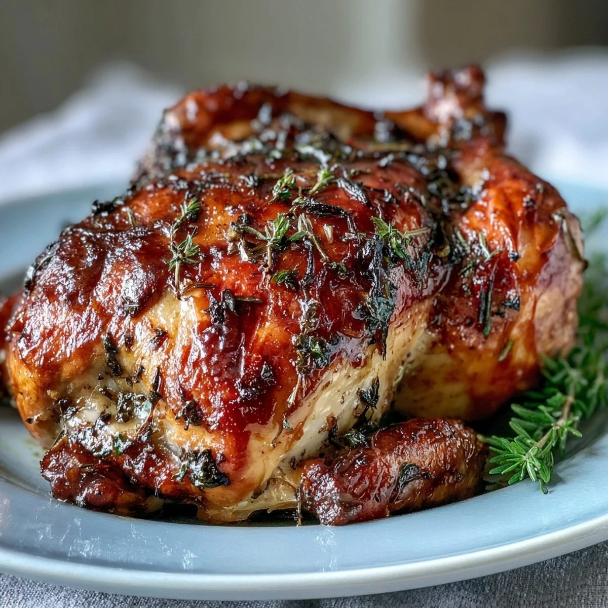 Golden-brown roasted chicken with pot potatoes, lemon herbs, and crumbled feta on a rustic platter.  