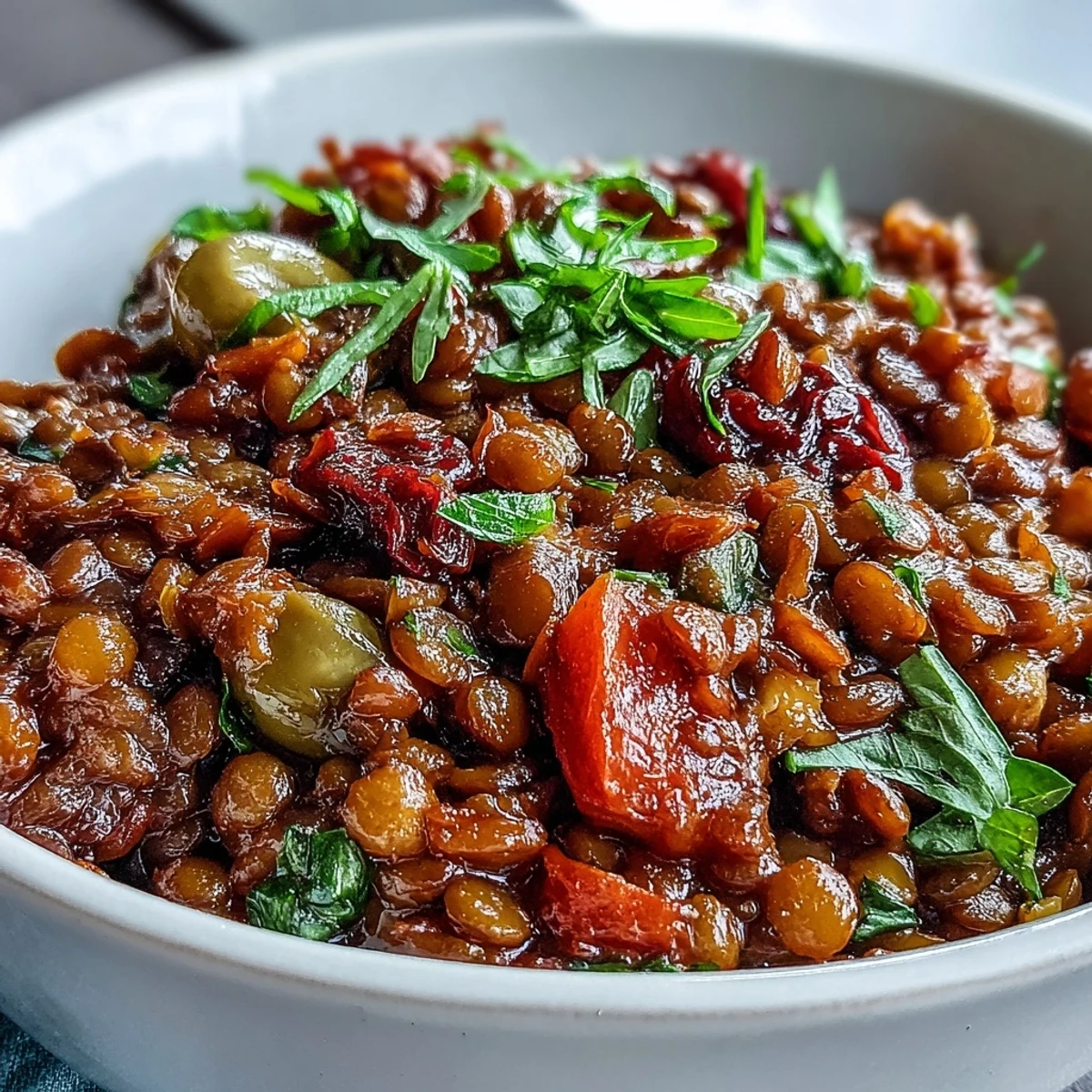 A warm bowl of Cuban-Inspired Lentil Picadillo garnished with fresh cilantro and served beside fluffy white rice. 