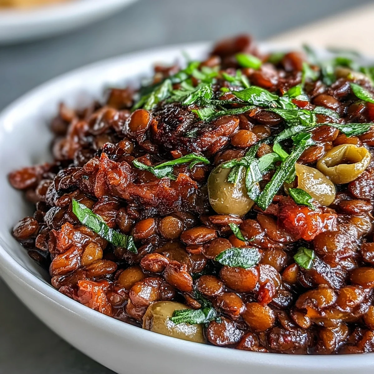 Savory Cuban-Inspired Lentil Picadillo simmered with olives and raisins, presented in a rustic pan ready to be served. 