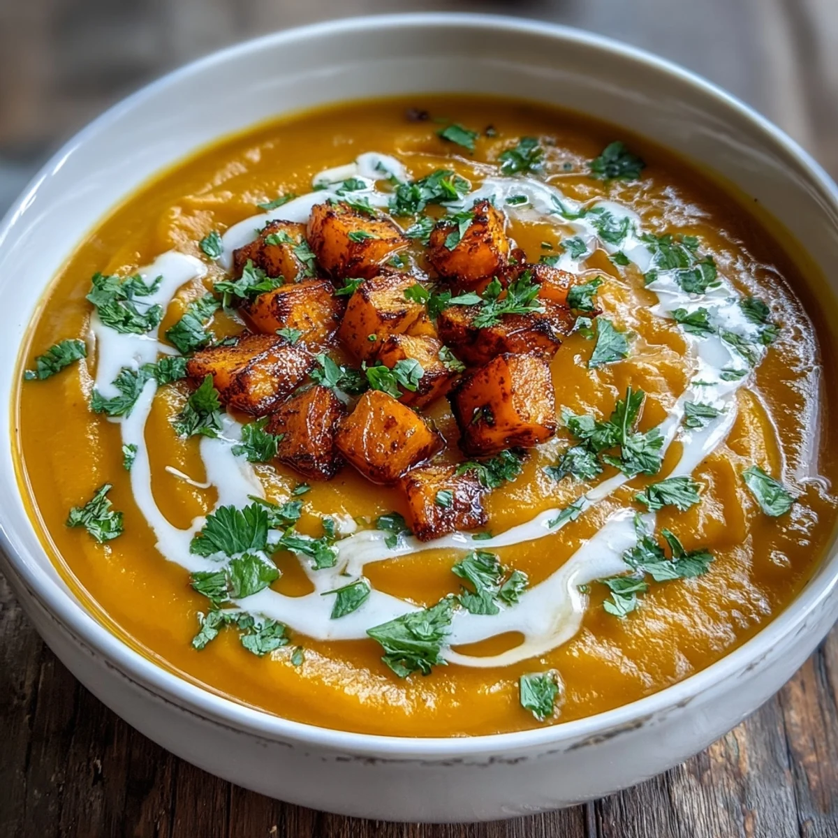Creamy, golden Butternut Squash and Lentil Soup served steaming hot in a white bowl, garnished with fresh cilantro and a coconut swirl.