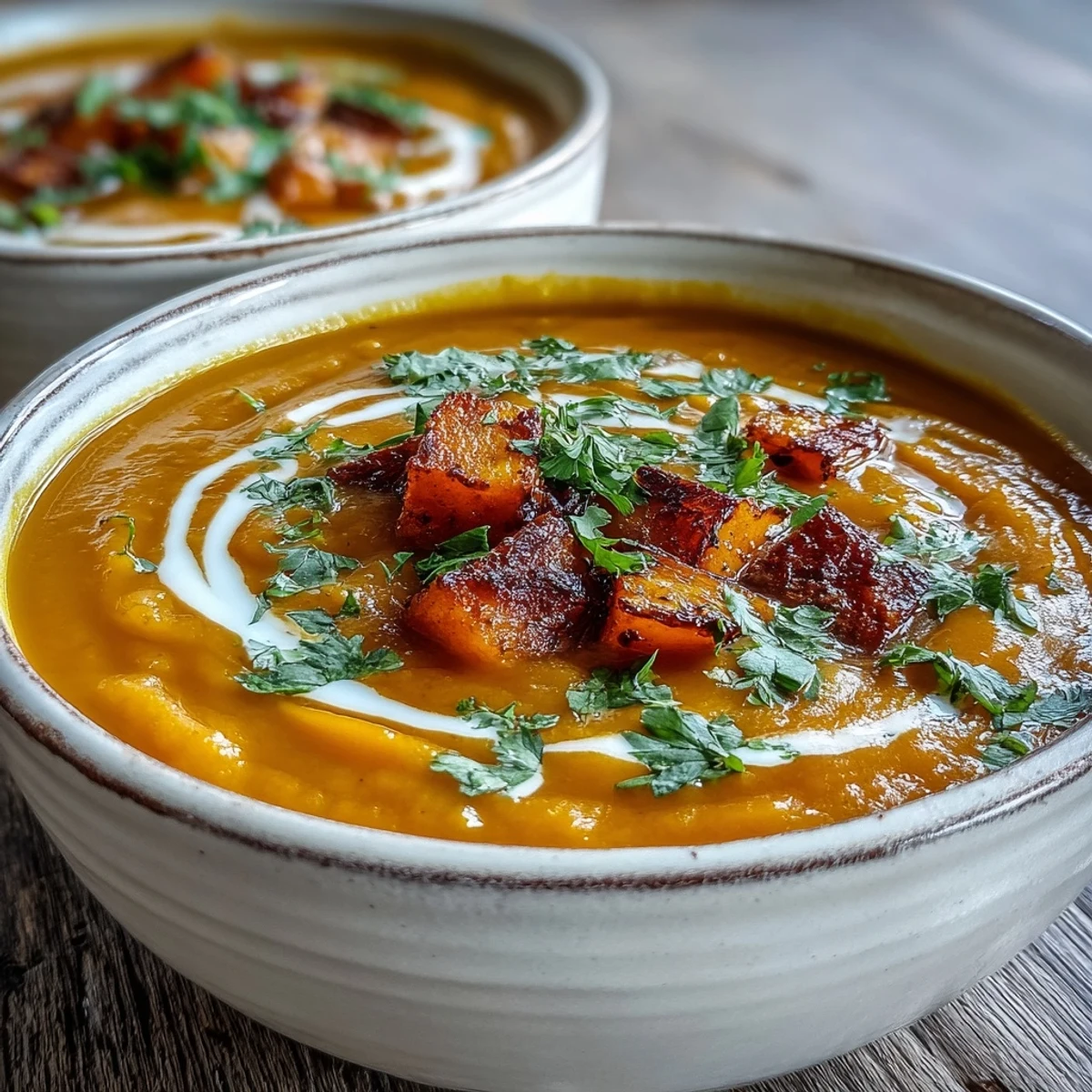 Roasted butternut squash and red lentils create a velvety, golden soup garnished with cilantro and a coconut cream swirl.