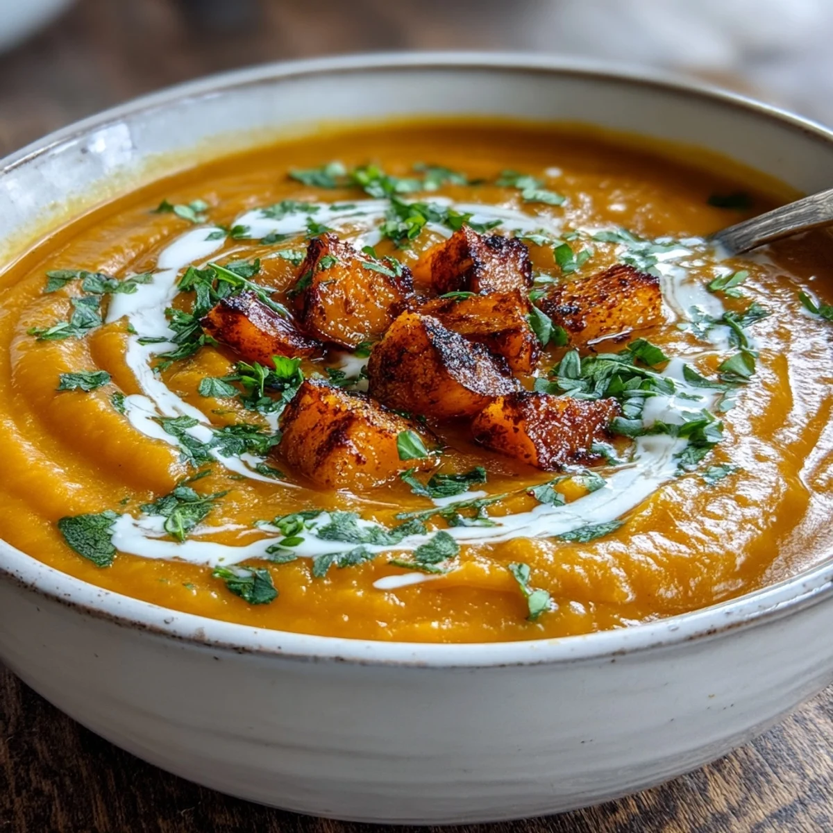 This nourishing Butternut Squash and Lentil Soup is garnished with cilantro and a coconut swirl, served steaming hot in a white bowl.