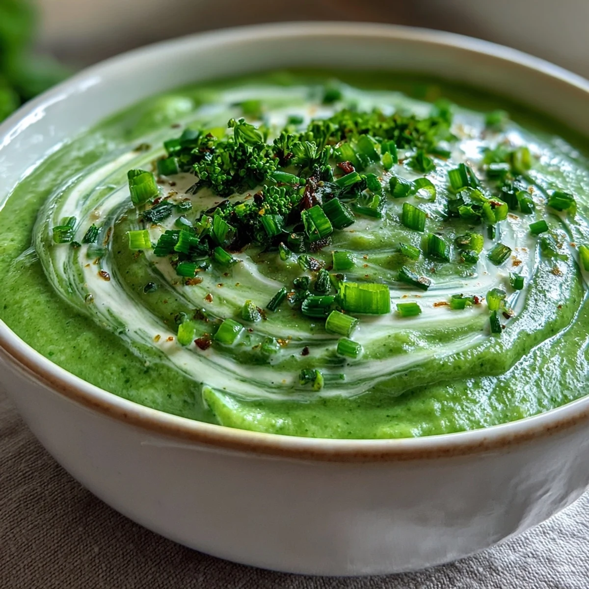 A creamy bowl of Cream of Broccoli Soup, garnished with fresh chives and croutons, served hot.