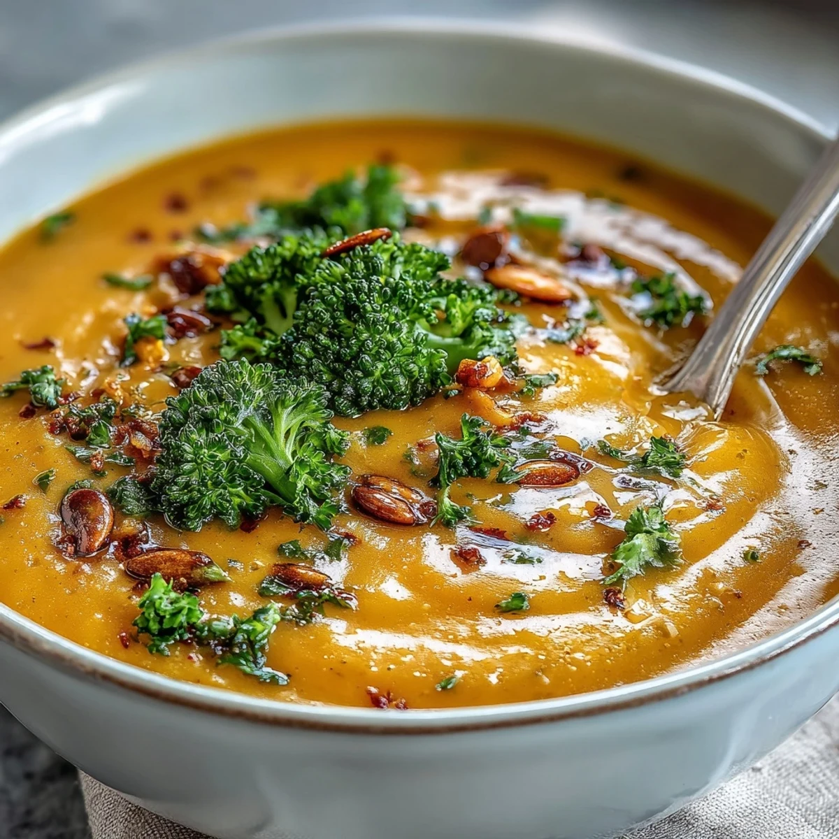 A bowl of creamy roasted broccoli and butternut squash soup garnished with pumpkin seeds and parsley.  