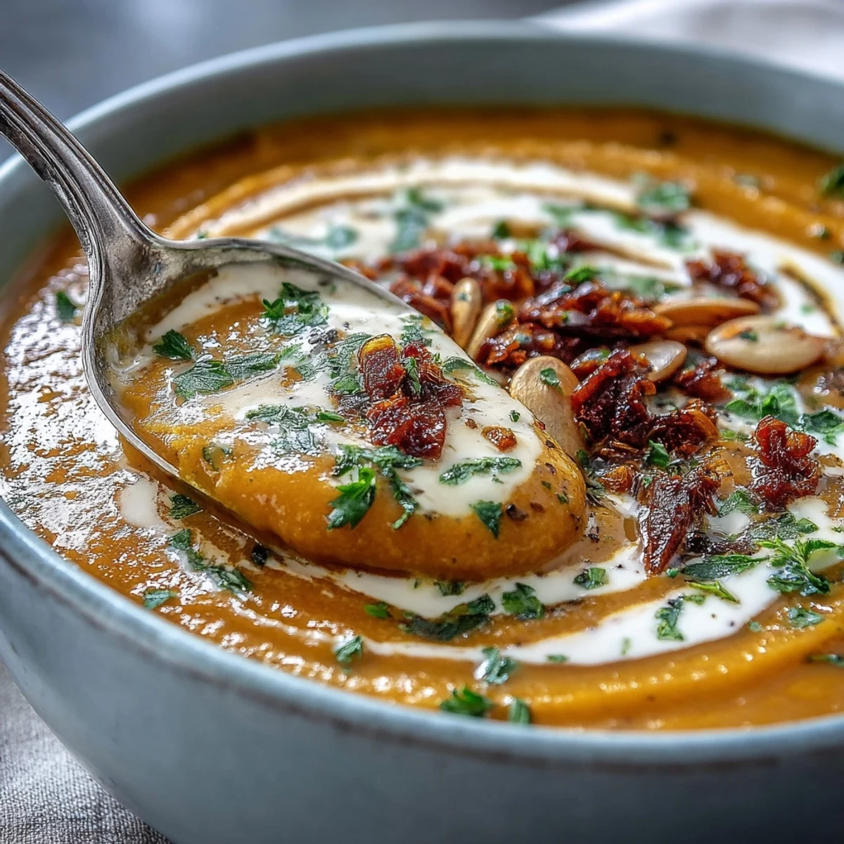 Roasted broccoli and butternut squash soup served in a rustic ceramic bowl with a coconut cream swirl.  