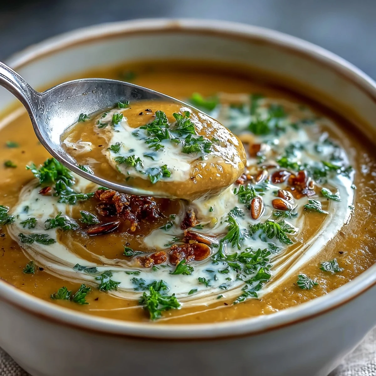 Vibrant, golden-green roasted broccoli and butternut squash soup with a rustic spoon and gluten-free bread.