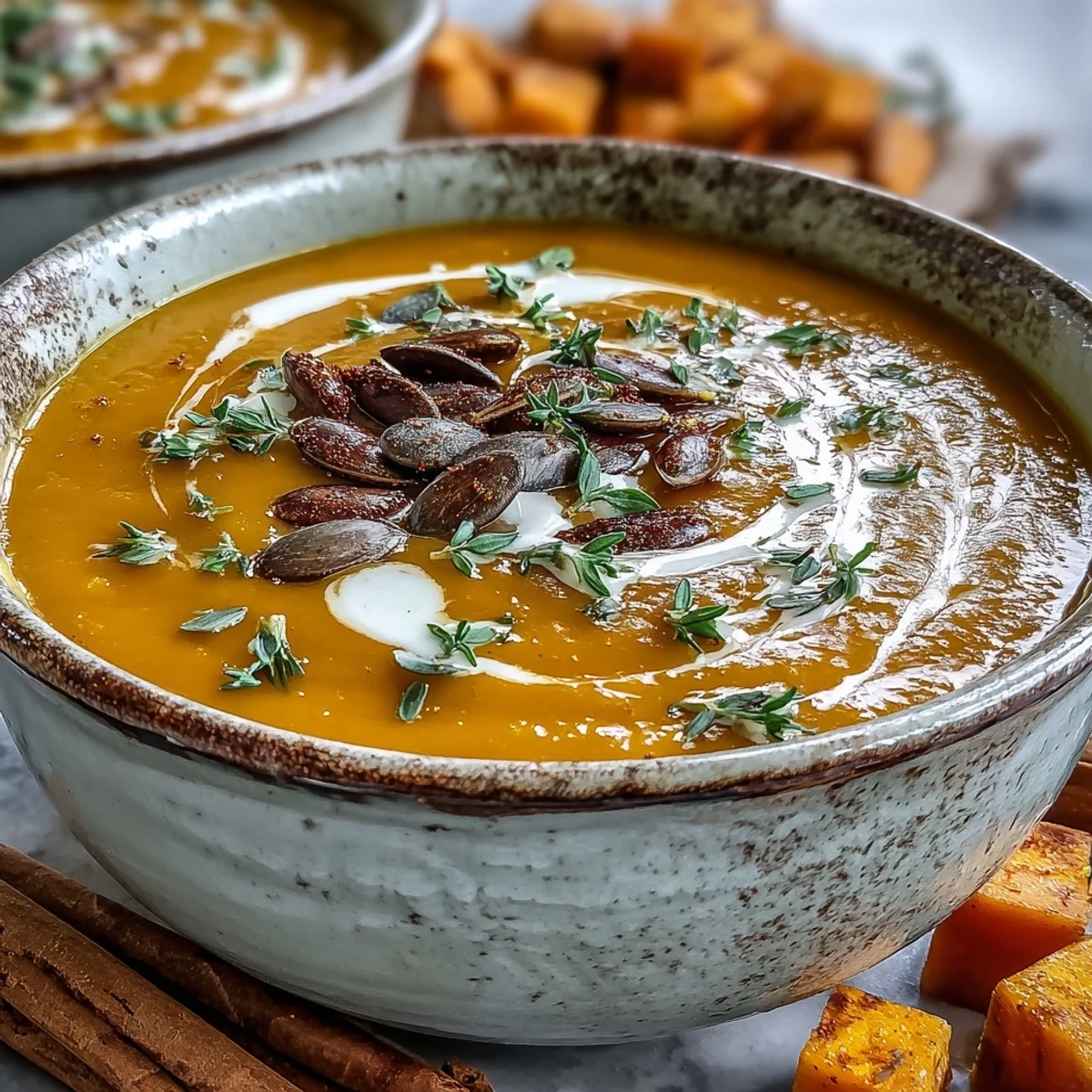 Easy Roasted Butternut Squash Soup served warm with a swirl of cream and crusty bread.