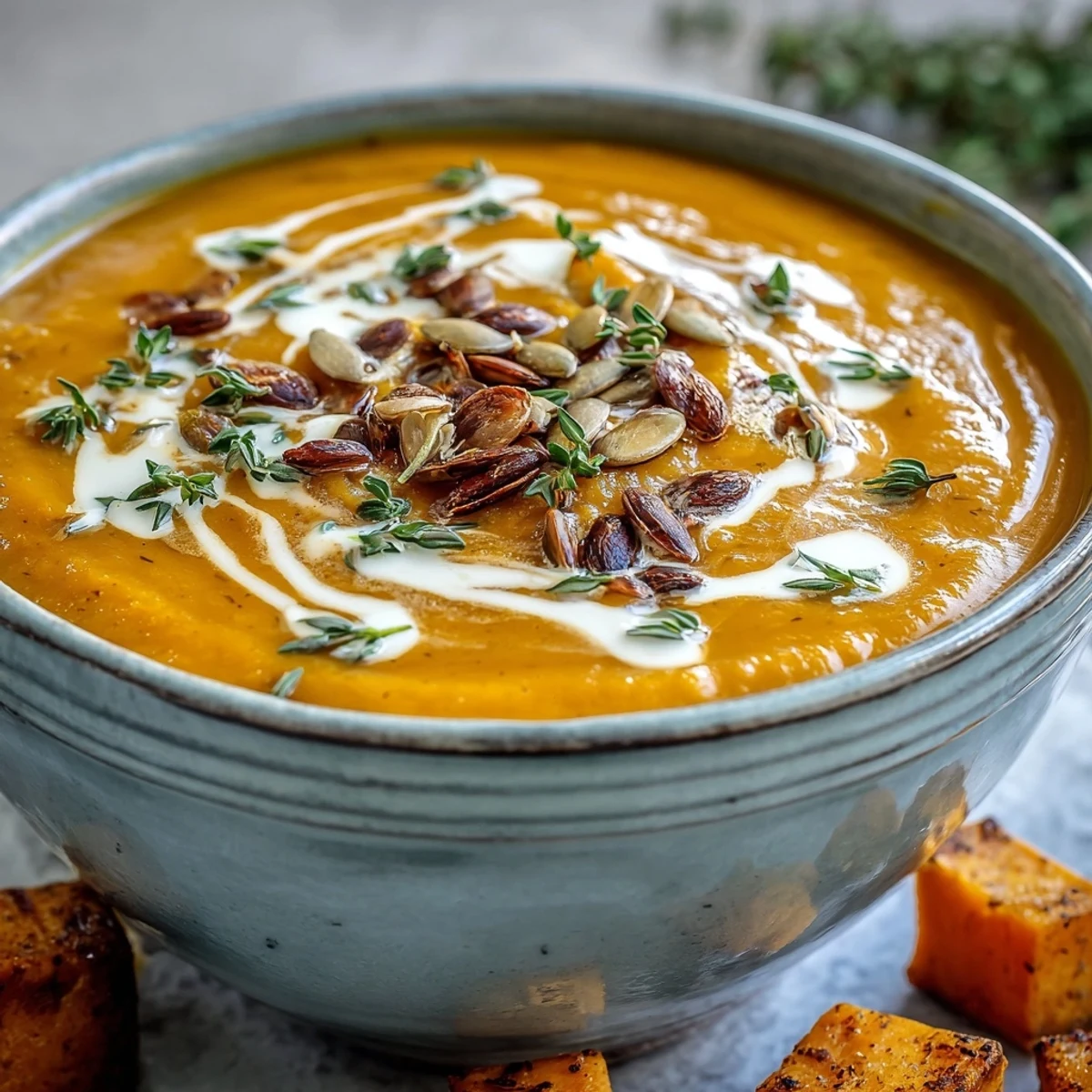 A bowl of Easy Roasted Butternut Squash Soup, garnished with pumpkin seeds and thyme.