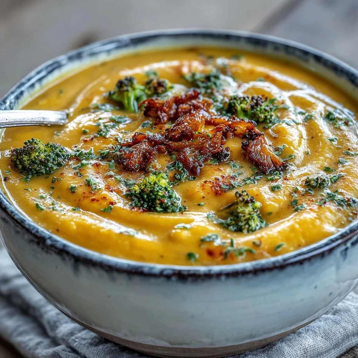 A warm bowl of butternut squash broccoli cheddar soup, garnished with roasted broccoli florets and a sprinkle of sharp cheddar.